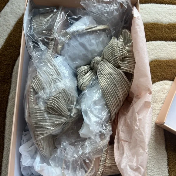 Loeffler Randall Metallic Champagne Heels with Bow and Block Heel - Picture 3 of 6